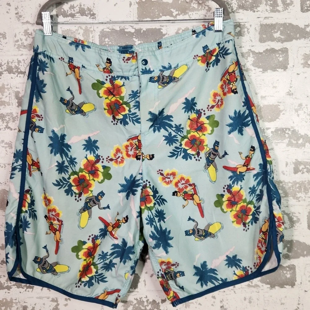 DC Comics Board Shorts Mens XL Blue Batman Robin Surfing Tropical Swim Trunks